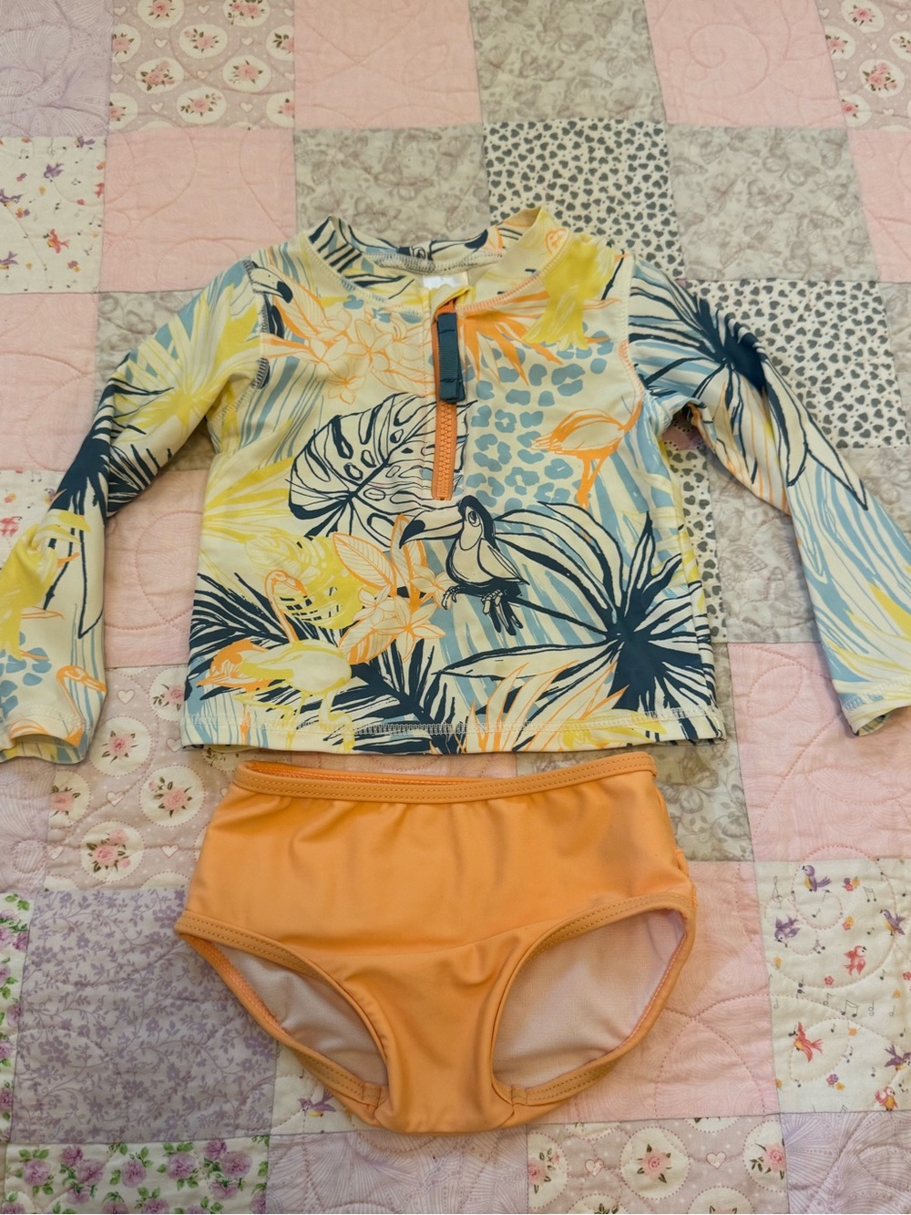 Ruffle Butts Tropical Toucan Rash Guard Set - Yellow, Navy, Peach
